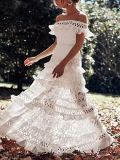 Women's A Line Dress Maxi Long Dress White Black Short Sleeve Solid Color Ruffle Spring Summer Off Shoulder Party Hot Romantic 2021 S M L XL -Tesla Style wlzoto1697527447160