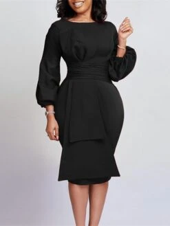 Women's Party Dress Work Dress Sheath Dress Midi Dress Black White Red Long Sleeve Pure Color Ruffle Spring Fall Winter Crew Neck Fashion 2023 S M L XL 2XL 3XL -Tesla Style wmkluk1671604451814