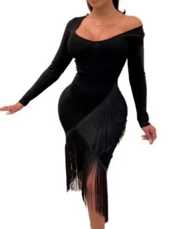 Women‘s Party Dress Wedding Guest Dress Fringe Dress Bodycon Midi Dress Black White Red Long Sleeve Pure Color Tassel Fringe Spring Fall Winter V Neck Fashion Winter Dress Vacation 2022 S M L XL XXL -Tesla Style wmogeo1640250274776