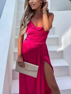 Women's Prom Dress Party Dress Satin Dress Pink Dress Long Dress Maxi Dress Fuchsia Khaki Sleeveless Pure Color Backless Summer Spring Fall Spaghetti Strap Fashion Birthday Evening Wedding Guest 2023 -Tesla Style wmpluz1663237139631