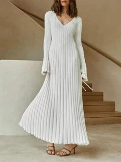 Women's Sweater Dress Winter Dress Jumper Dress Long Dress Maxi Dress Pleated Ribbed Daily Date Going Out Fashion Basic V Neck Long Sleeve 2023 Regular Fit Black White Apricot Color S M L Size -Tesla Style wmqutb1692172894386