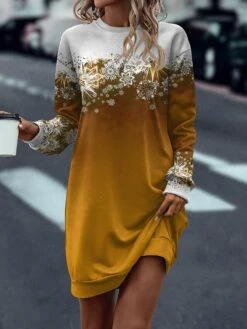 Women's Casual Dress Sweatshirt Dress Mini Dress Warm Daily Outdoor Holiday Weekend Crew Neck Print Floral Loose Fit Yellow Red Blue S M L XL XXL -Tesla Style wmuhsc1695027783727