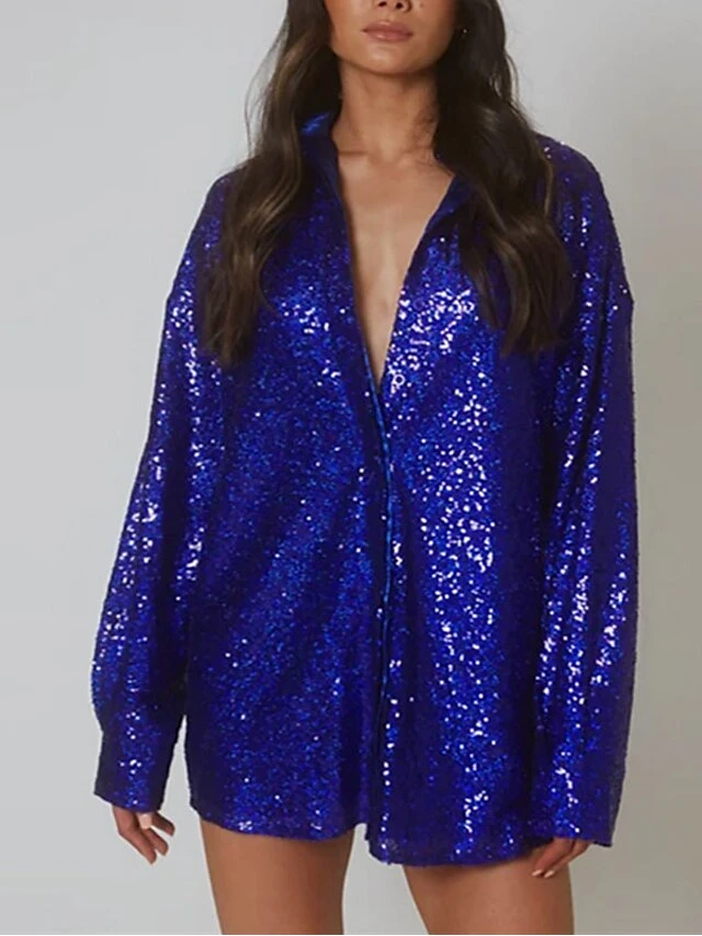 Women's Shirt Dress Party Dress Sequin Dress Mini Dress Light Pink Blue Green Long Sleeve Pure Color Sequins Spring Fall Winter Shirt Collar Fashion Winter Dress Vacation Fall Dress 2023 S M L 6 Women's Shirt Dress Party Dress Sequin Dress Mini Dress Light Pink Blue Green Long Sleeve Pure Color Sequins Spring Fall Winter Shirt Collar Fashion Winter Dress Vacation Fall Dress 2023 S M L - Image 4