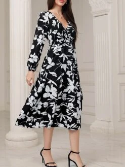 Women's Work Dress Casual Dress Swing Dress Fashion Winter Dress Daily Midi Dress Ruched Print V Neck Long Sleeve Floral Loose Fit Black Fall Winter S M L XL -Tesla Style wndkdk1695645234948