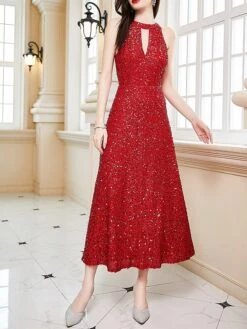 Women‘s Party Dress Sequin Dress Cocktail Dress Midi Dress Wine Sleeveless Pure Color Sparkly Glitter Sequins Summer Spring Fall Halter Neck Fashion Wedding Guest Vacation Summer Dress Slim -Tesla Style wnpxzs1690523432335