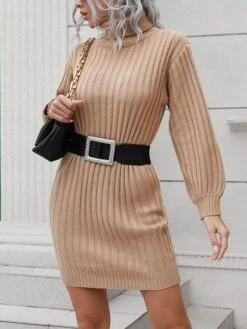 Women's Sweater Dress Jumper Dress Casual Dress Long Dress Maxi Dress Active Pure Color Outdoor Casual Holiday Vacation Turtleneck Long Sleeve Patchwork 2023 Loose Fit Green Khaki S M L -Tesla Style wnygol1694427570763