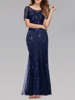 Women‘s Party Dress Wedding Guest Dress Sequin Dress Sheath Dress Maxi Long Dress Silver Light Blue Wine Short Sleeve Pure Color Sequins Winter Fall Autumn Crew Neck Evening Party 2023 S M L XL -Tesla Style woawcl1663925364480