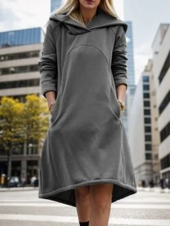 Women's Casual Dress Hoodie Dress Winter Dress Midi Dress Pocket Outdoor Street Daily Fashion Streetwear Hooded Long Sleeve 2023 Loose Fit Black Army Green Gray Color S M L XL XXL Size