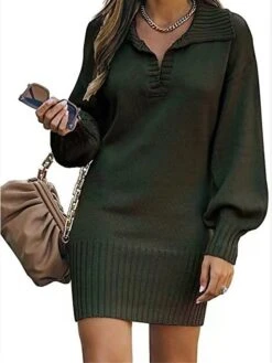 Women's Sweater Dress Jumper Dress Casual Dress Mini Dress Warm Pure Color Outdoor Casual Daily Going Out V Neck Long Sleeve 2023 Loose Fit Black Yellow Wine S M L XL XXL 3XL -Tesla Style wojhce1692340286050