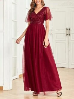 Women‘s Christmas Prom Dress Party Dress Sequin Dress Long Dress Maxi Dress Wine Short Sleeve Pure Color Sparkly Glitter Sequins Fall Winter Autumn V Neck Fashion Wedding Guest Birthday Evening Party -Tesla Style woqndk1693376305992
