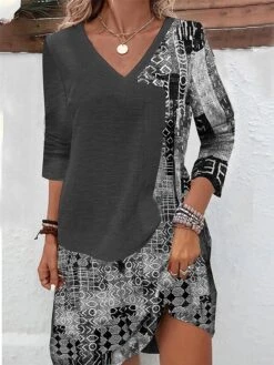 Women's Sweater Dress Winter Dress Jumper Dress Mini Dress Fashion Geometric Color Block Outdoor Daily Date Going Out V Neck Long Sleeve Print 2023 Regular Fit Blue Brown Green S M L XL XXL 3XL -Tesla Style wpakiy1691735835425