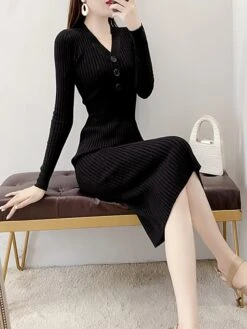 Women‘s Sweater Dress Winter Dress Sheath Dress Midi Dress Black White Green Long Sleeve Pure Color Button Fall Winter Autumn V Neck Stylish Winter Dress Fall Dress 2023 One-Size -Tesla Style wparhd1665656621214