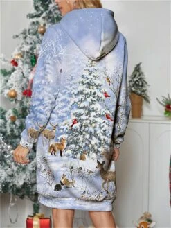 Women's Casual Dress Hoodie Dress Mini Dress Warm Fashion Outdoor Christmas Holiday Hoodie Print Christmas Tree Loose Fit Blue S M L XL XXL -Tesla Style wpbssb1696762681913