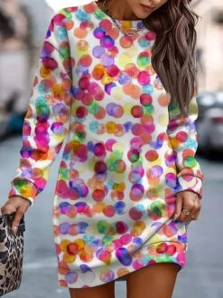 Women's Casual Dress Sweatshirt Dress Winter Dress Floral Geometric Print Crew Neck Mini Dress Fashion Streetwear Outdoor Daily Long Sleeve Loose Fit White Pink Blue Fall Winter S M L XL XXL -Tesla Style wphjvr1694076181888