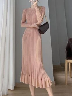 Women's Sweater Dress Jumper Dress Casual Dress Midi Dress Fashion Pure Color Outdoor Daily Vacation Going Out Crew Neck Long Sleeve Ruffle Patchwork 2023 Regular Fit Black Pink Beige One Size -Tesla Style wplmwz1697527713344