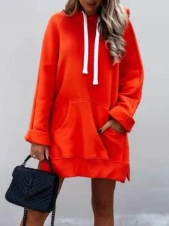 Women's Casual Dress Hoodie Dress Plain Dress Mini Dress Pocket Split Outdoor Street Daily Active Fashion Hooded Long Sleeve 2023 Loose Fit Black White Orange Color S M L XL XXL Size -Tesla Style wpndfj1693558027376