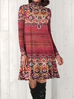 Women's Work Dress Casual Dress Mature Winter Dress Daily Mini Dress Print Turtleneck Long Sleeve Tribal Regular Fit Red Blue Green Fall Winter S M L XL XXL -Tesla Style wpxddt1694490797228