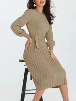 Women‘s Sweater Dress Winter Dress Bodycon Knee Length Dress Black Dark Green Khaki Long Sleeve Pure Color Lace Up Fall Winter Autumn Crew Neck Elegant Winter Dress Fall Dress 2023 S M L XL XXL -Tesla Style wpzmac1657786351034