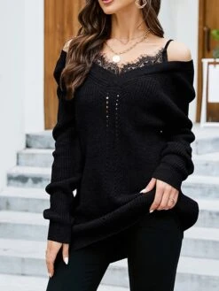 Women's Sweater Dress Winter Dress Jumper Dress Mini Dress Patchwork Cold Shoulder Daily Date Going Out Active Fashion V Neck Long Sleeve 2023 Loose Fit Black Blue Gray Color S M L XL Size -Tesla Style wqbwmy1692857018658