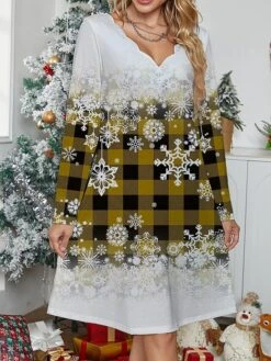 Women's Work Dress Casual Dress Fashion Winter Dress Christmas Daily Mini Dress Print V Neck Long Sleeve Plaid Snowflake Regular Fit Yellow Wine Green Fall Winter S M L XL XXL -Tesla Style wqrwvk1695887740363