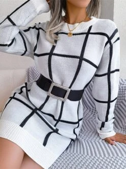 Women's Sweater Dress Winter Dress Jumper Dress Mini Dress Patchwork Daily Date Going Out Active Fashion Crew Neck Long Sleeve 2023 Loose Fit White Green Khaki Color S M L Size -Tesla Style wrcujd1692863468610
