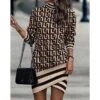Women's Sweatshirt Dress Winter Dress Shift Dress Midi Dress Black And White Black Gray Black And White Stripes 3/4 Length Sleeve Print Print Fall Winter Autumn Turtleneck Fashion 2023 S M L XL 2XL -Tesla Style wrioet1663321121823
