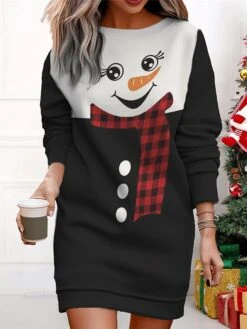 Women's Christmas Casual Dress Sweatshirt Dress Mini Dress Warm Fashion Outdoor Vacation Crew Neck Print Santa Claus Snowman Loose Fit Black White Wine S M L XL XXL -Tesla Style wrukwd1695365433336