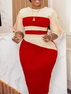 Women's Work Dress Sheath Dress Semi Formal Dress Fashion Midi Dress Patchwork Crew Neck Half Sleeve Color Block Regular Fit Black White Red Fall Winter S M L XL XXL -Tesla Style wsawqk1692948230595