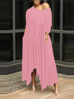 Women's Work Dress Black Dress White Dress Fashion Long Dress Maxi Dress Ruched Pocket One Shoulder 3/4 Length Sleeve Plain Regular Fit Black White Pink Fall S M L XL XXL -Tesla Style wseodu1693203372699