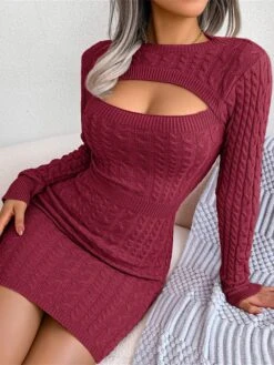 Women's Sweater Dress Winter Dress Jumper Dress Mini Dress Cut Out Daily Date Going Out Active Fashion Crew Neck Long Sleeve 2023 Slim Black Wine Blue Color S M L Size -Tesla Style wsguni1692858723945
