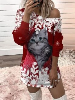Women‘s Christmas Casual Dress Sweatshirt Dress Mini Dress Warm Fashion Outdoor Holiday Crew Neck Print Animal Santa Claus Tree Loose Fit Black White Burgundy S M L XL XXL -Tesla Style wsncsv1694156785887