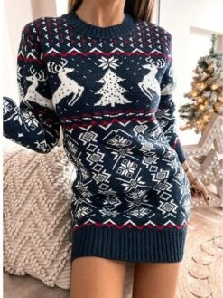 Women‘s Christmas Sweater Dress Winter Dress Sheath Dress Short Mini Dress Red Navy Blue Gray Long Sleeve Elk Snowman Snowflake Knit Fall Winter Round Neck Turtleneck Stylish Casual 2022 S M L XL XXL -Tesla Style wsshmu1663151839129