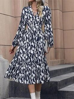 Women's Work Dress Casual Dress Swing Dress Fashion Office Daily Workfashion Midi Dress Ruched Print V Neck Long Sleeve Print Loose Fit Blue Fall Winter S M L XL -Tesla Style wswhst1695096219237