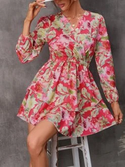 Women's Work Dress Semi Formal Dress Wrap Dress Fashion Mini Dress Ruffle Layered V Neck Long Sleeve Floral Regular Fit Red Purple Orange Fall S M L XL XXL -Tesla Style wtbjyq1693300614164