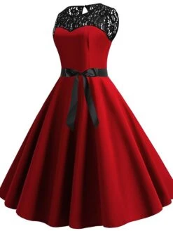 Women's Lace Dress Vintage Dress Swing Dress Black Dress Light Blue Wine Red Black Sleeveless Print Lace Up Summer Spring Fall Crew Neck Vintage -Tesla Style wtcolp1666419778317