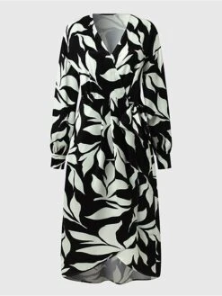 Women's Work Dress Semi Formal Dress Wrap Dress Fashion Midi Dress Lace Up Print V Neck Long Sleeve Leaf Loose Fit Black Fall Winter S M L XL XXL -Tesla Style wtfloc1693363850898