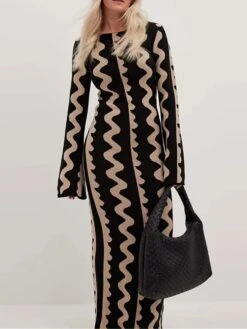 Women's Sweater Dress Winter Dress Jumper Dress Long Dress Maxi Dress Active Stripe Print Outdoor Street Daily Vacation Crew Neck Long Sleeve Print 2023 Slim Black Khaki S M L XL -Tesla Style wtlncb1695111726236