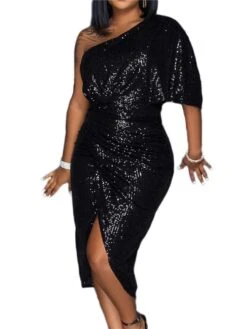 Women's Cocktail Party Dress Sequin Dress Bodycon Midi Dress Black Silver Red Half Sleeve Pure Color Sequins Spring One Shoulder S M L XL 25 Women's Cocktail Party Dress Sequin Dress Bodycon Midi Dress Black Silver Red Half Sleeve Pure Color Sequins Spring One Shoulder S M L XL -Tesla Style wtnugv1639564568749