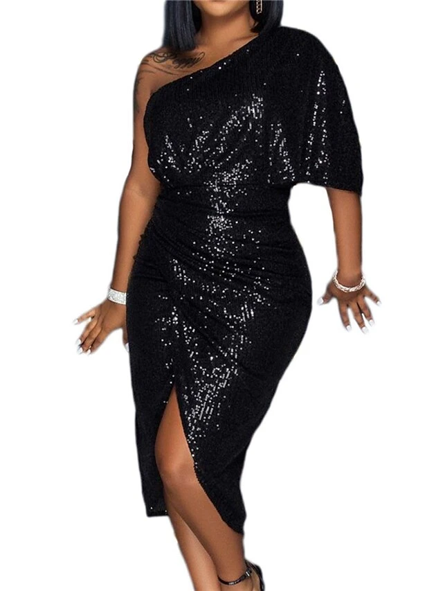 Women's Cocktail Party Dress Sequin Dress Bodycon Midi Dress Black Silver Red Half Sleeve Pure Color Sequins Spring One Shoulder S M L XL 12 Women's Cocktail Party Dress Sequin Dress Bodycon Midi Dress Black Silver Red Half Sleeve Pure Color Sequins Spring One Shoulder S M L XL - Image 10