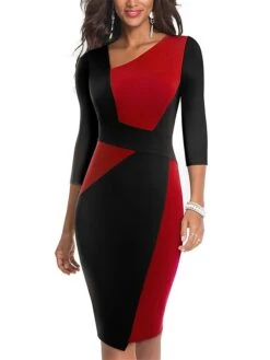 Women's Work Dress Sheath Dress Semi Formal Dress Fashion Midi Dress Patchwork V Neck 3/4 Length Sleeve Color Block Regular Fit Black Red Navy Blue Fall Winter S M L XL XXL -Tesla Style wufsql1692610636545