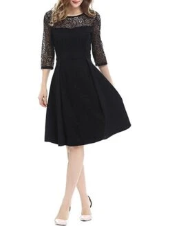 Women's Party Dress Lace Dress Swing Dress Mini Dress Black Wine Blue 3/4 Length Sleeve Pure Color Lace Spring Fall Winter Crew Neck Fashion Party Spring Dress 2023 S M L XL XXL 3XL 4XL -Tesla Style wugpvo1671604316057