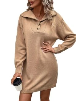 Women's Sweater Dress Jumper Dress Casual Dress Mini Dress Warm Pure Color Outdoor Casual Daily Going Out Lapel Long Sleeve Button 2023 Loose Fit Khaki S M L -Tesla Style wugrfr1695106686189