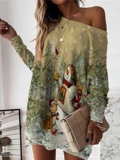 Women‘s Christmas Casual Dress Sweatshirt Dress Mini Dress Warm Fashion Outdoor Holiday Crew Neck Print Snowman Loose Fit Black Red Green S M L XL XXL -Tesla Style wuitdu1694661939839