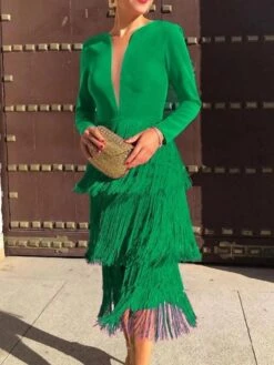 Women's Semi Formal Party Dress Fringe Dress Midi Dress Pink Long Sleeve Pure Color Tassel Fringe Winter Fall Autumn V Neck Stylish Winter Dress Fall Dress 2023 S M L XL XXL -Tesla Style wulslg1678870029832