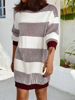 Women's Sweater Dress Winter Dress Jumper Dress Mini Dress Patchwork Outdoor Street Daily Fashion Streetwear Crew Neck Long Sleeve 2023 Loose Fit Wine Khaki Dark Blue Color S M L Size -Tesla Style wuwpjj1692095289502