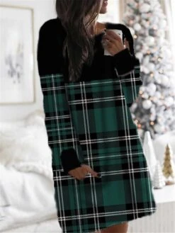 Women's Christmas Hoodie Dress Winter Dress Mini Dress Green Light Red Fuchsia Red Gray White Long Sleeve Plaid Elk Snowflake Pocket Print Winter Fall Hooded Casual Loose Fit 2022 S M L XL XXL 3XL -Tesla Style wvanxu1666927868242