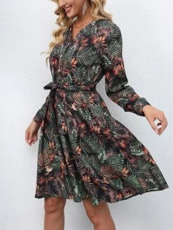 Women's Work Dress A Line Dress Fashion Mini Dress Lace Up Button V Neck Long Sleeve Floral Regular Fit Green Fall S M L XL XXL -Tesla Style wvmtlj1693280835465