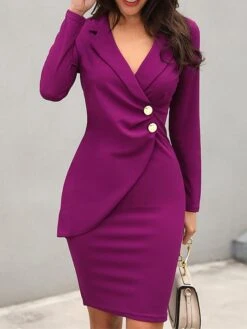 Women's Work Dress Sheath Dress Semi Formal Dress Fashion Office Daily Workfashion Midi Dress Button Lapel Long Sleeve Plain Regular Fit Black Wine Fuchsia Fall Winter S M L XL XXL -Tesla Style wvqsve1695645163406