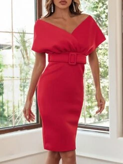 Women's Party Dress Bodycon Sheath Dress Mini Dress Black White Red Short Sleeve Pure Color With Belt Summer Spring V Neck Elegant 2023 S M L XL XXL -Tesla Style wvtyhu1663666159710