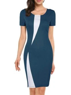 Women's Work Dress Sheath Dress Semi Formal Dress Fashion Midi Dress Patchwork Crew Neck Short Sleeve Color Block Slim Black White Wine Summer Spring S M L XL XXL -Tesla Style wwazgi1679311685687